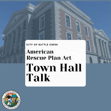 Battle Creek City Hall with blue/gray bar across bottom of image, white rectangle overlay and text