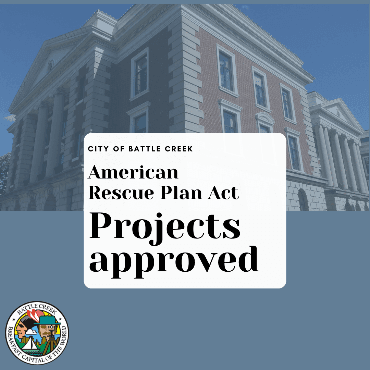 City Hall and blue-gray section with text American Rescue Plan Act project approved