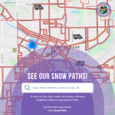 City street map with red lines & gray plow graphic. Purple half-circles, text 