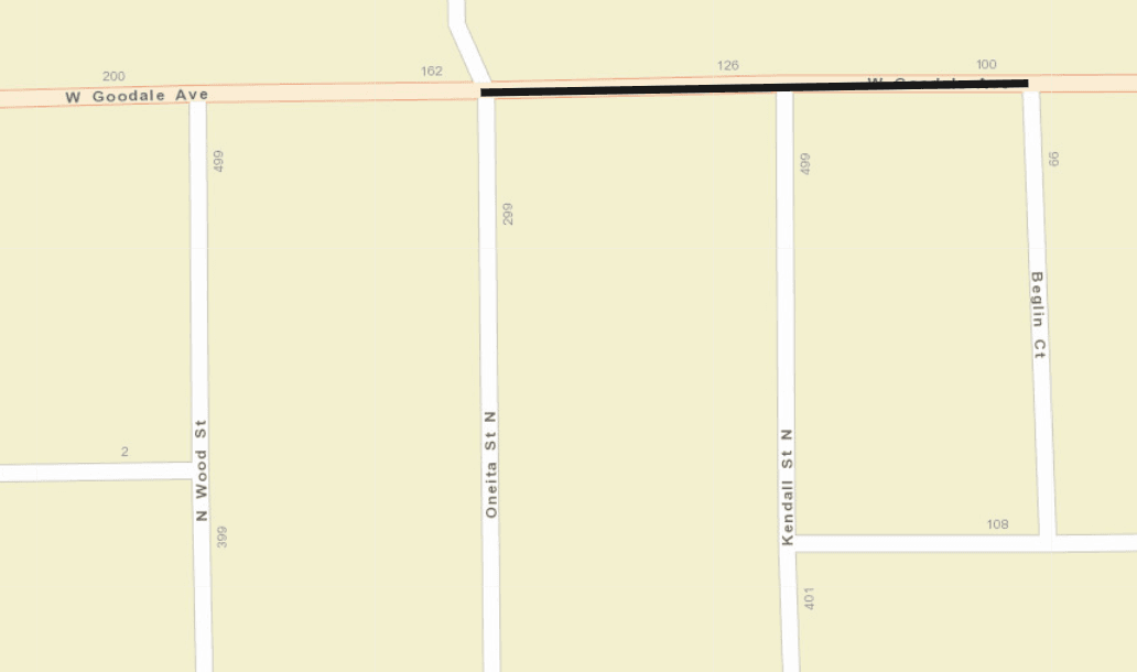 City streets map with black line over Goodale, Oneita to Beglin