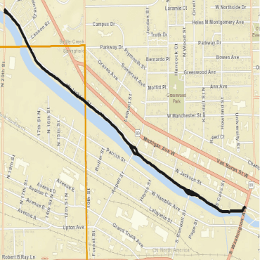 A city street map showing the closure of Linear Park path from Washington Avenue to 20th Street.