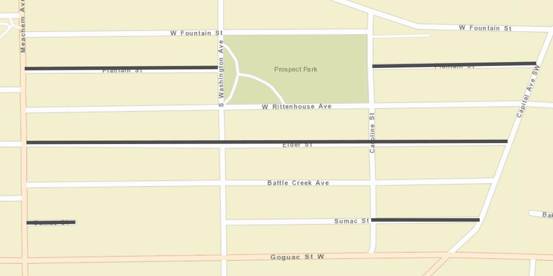 City street map with black lines on Plantain, Elder, and Sumac streets.