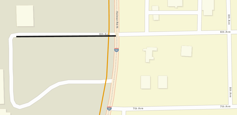 A city street map showing the 6th Avenue milling project as a black line along 6th Avenue.