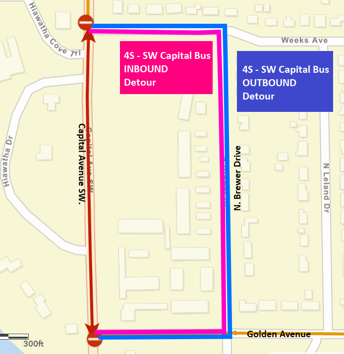 A city street map showing the 4S - SW Capital bus detour inbound and outbound information.