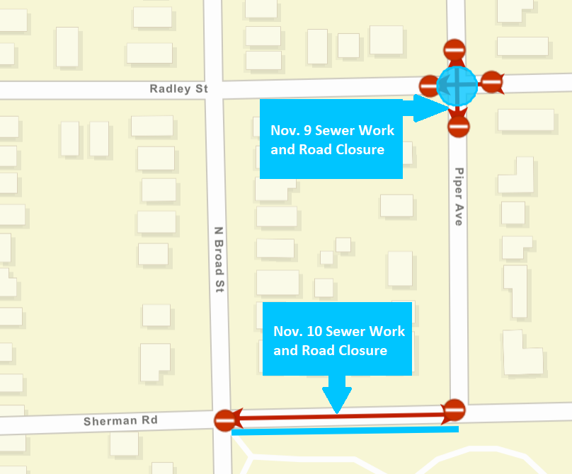 A city street map showing the sewer main repair work in blue.