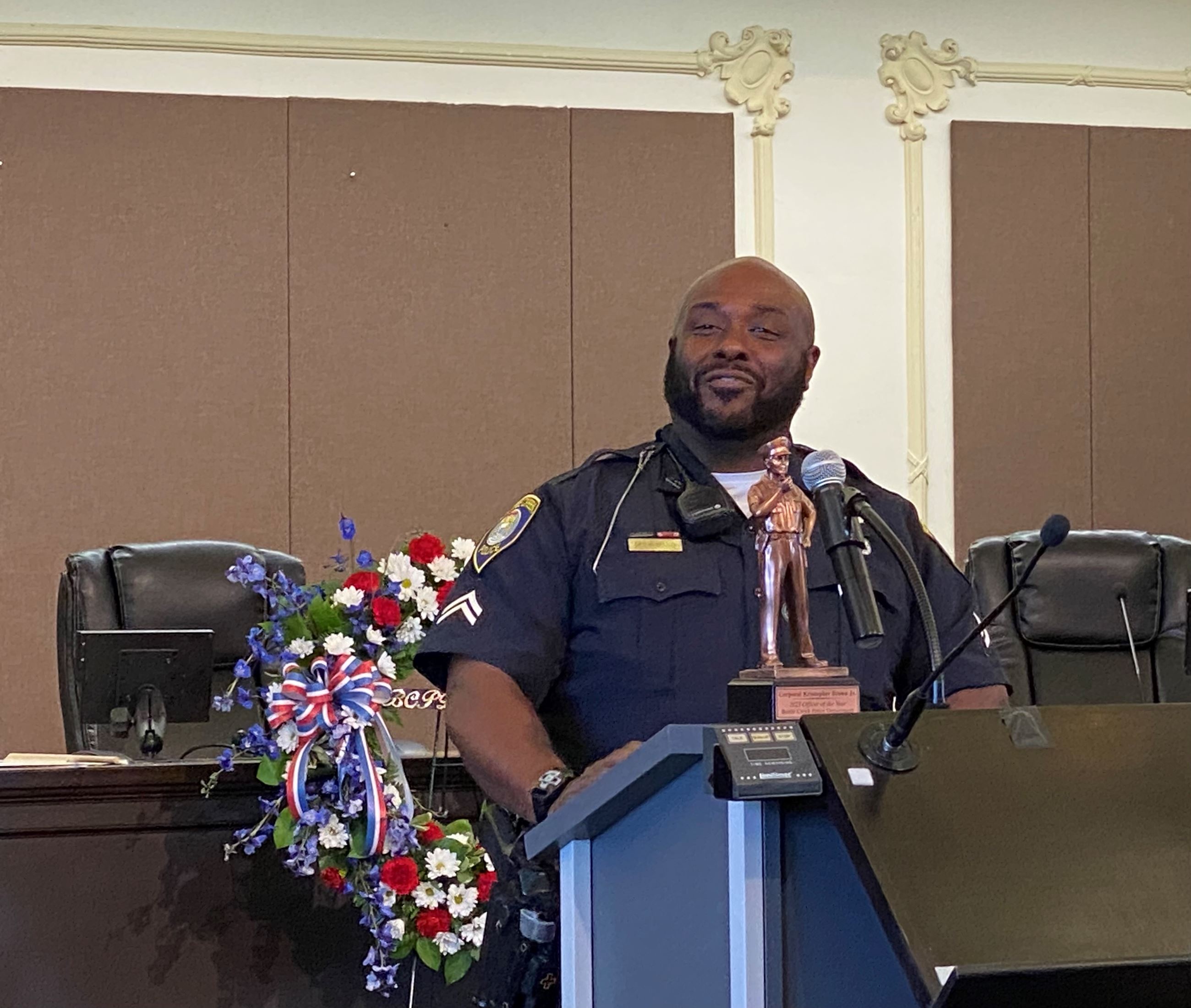 BCPD Corporal Kris Brown gives a speech after being named the 2023 Officer of the Year.