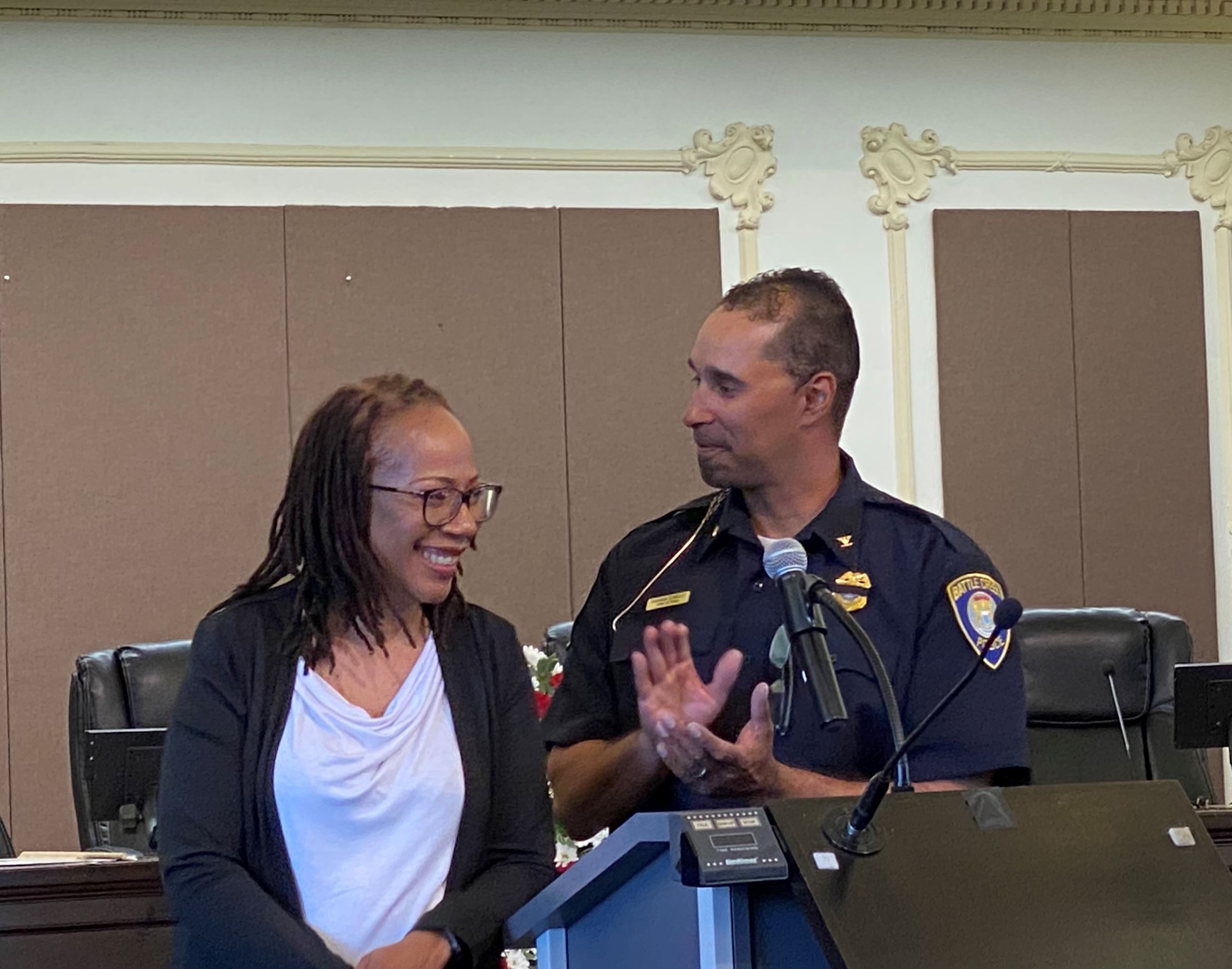 BCPD Interim Chief Shannon Bagley thanks BCPD’s Sharon Williams for all her hard work and efforts.