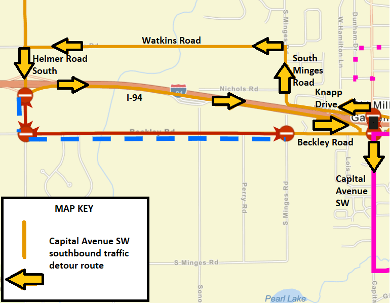 Map of Capital SW bridge project southbound detour