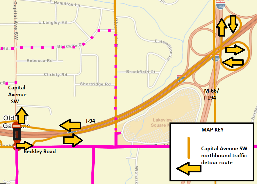 Map of Capital SW bridge project northbound detour