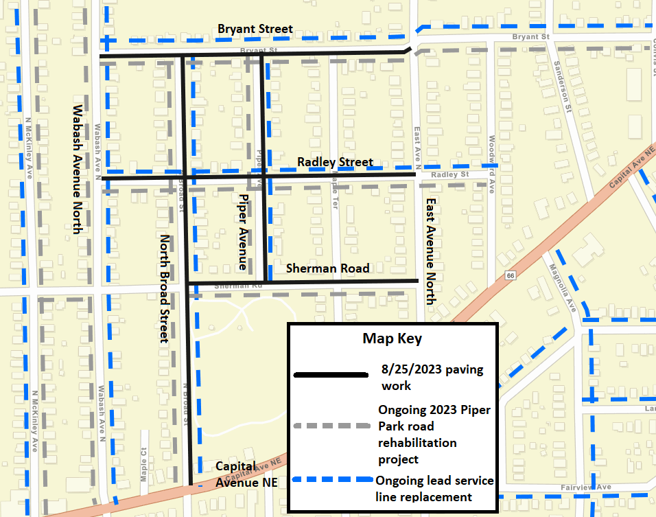 A Battle Creek city street map showing the paving work as solid, black lines along the roadways.