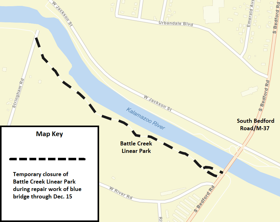 A Battle Creek city street map showing the temporary closure of Battle Creek Linear Park.