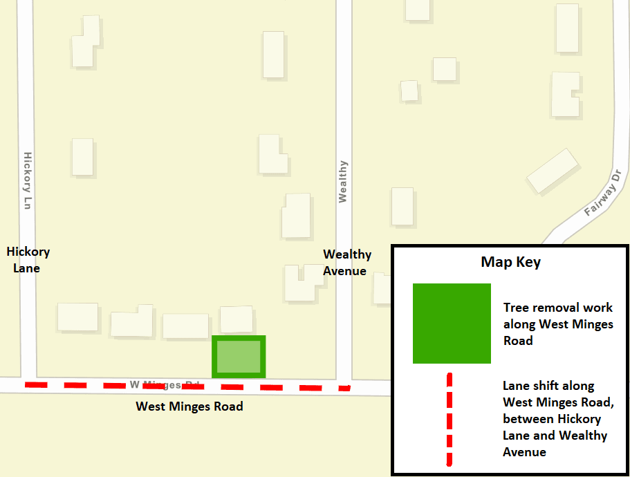 A Battle Creek city street map showing the tree removal work and lane shift on West Minges Road.
