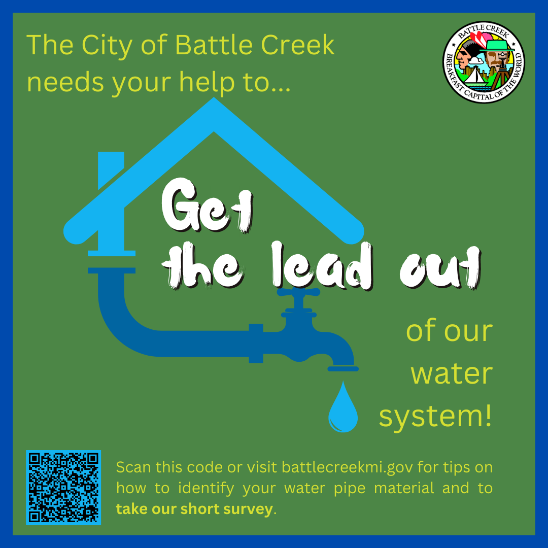 Green and blue graphic showing a house and faucet, with text \"get the lead out.\"