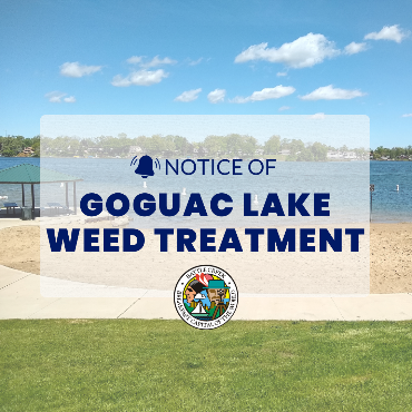 A graphic alerting the community of a scheduled Goguac Lake weed treatment.